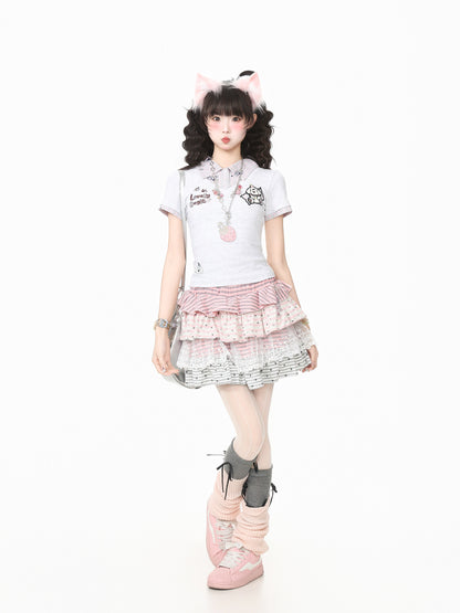 Languid Park - Lace Trim Polka Dot Stripe Puffy Mini Skirt skirt Languid Park