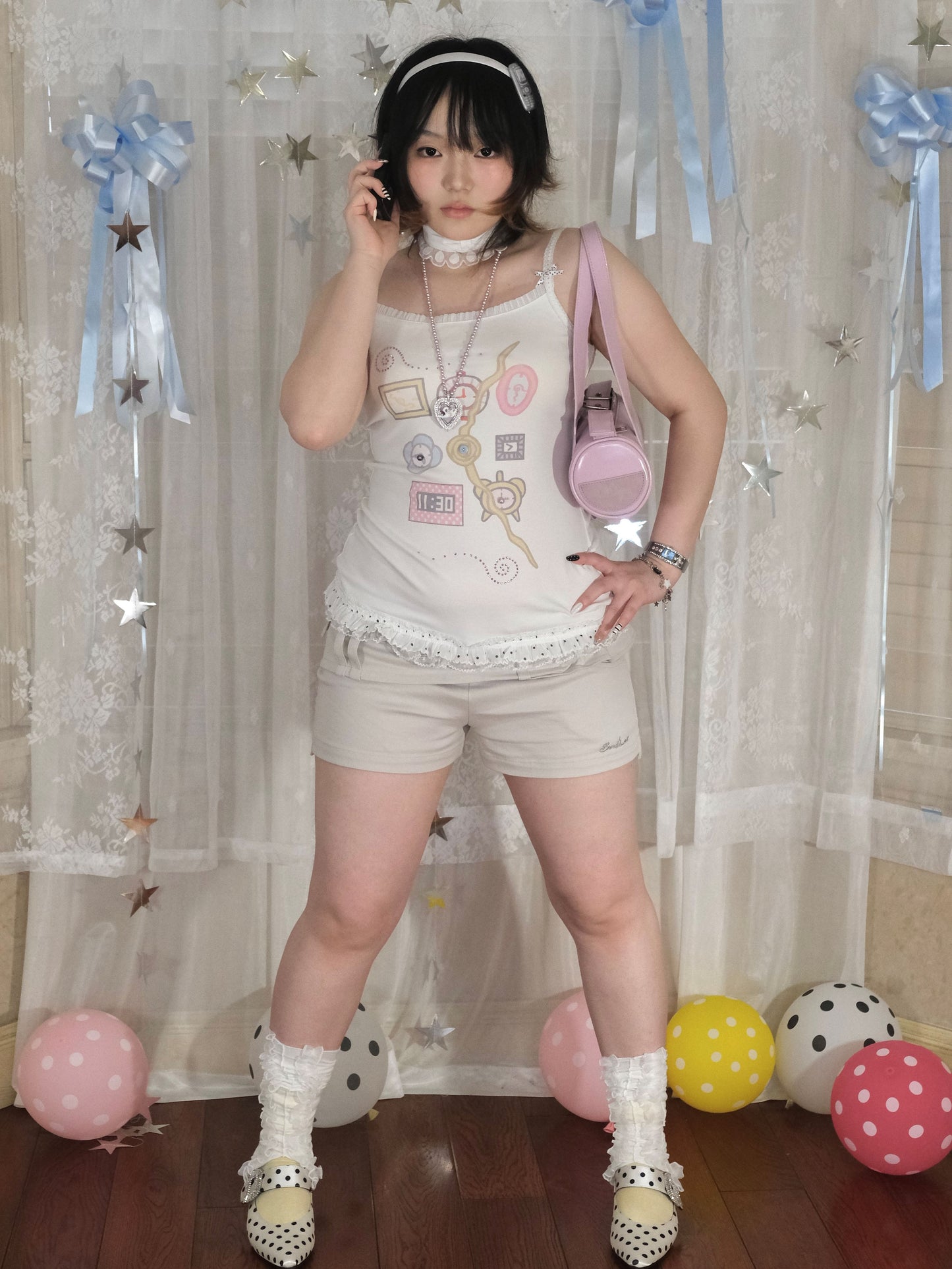 Snail Bones - Clock Print Bow Lace Cami Top camisole Snail Bones