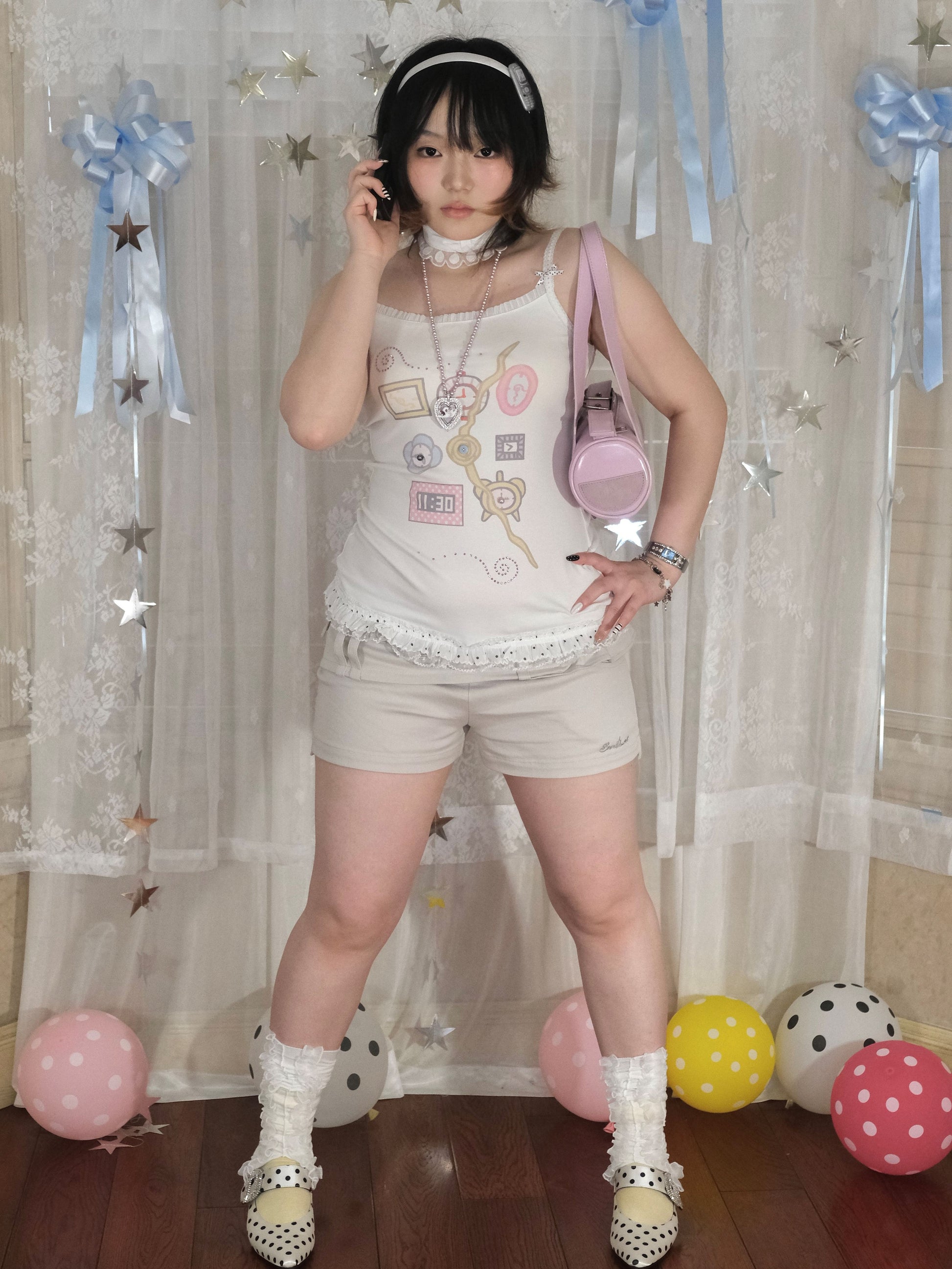 Snail Bones - Clock Print Bow Lace Cami Top camisole Snail Bones