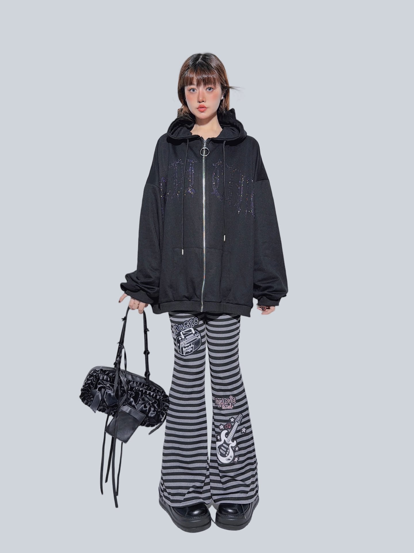 FANLOVEGIRL - Black Striped Music Flare Pants pants FANLOVEGIRL