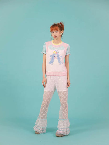 frufru - Dolphin Lace Patchwork Flared Pants pants frufru