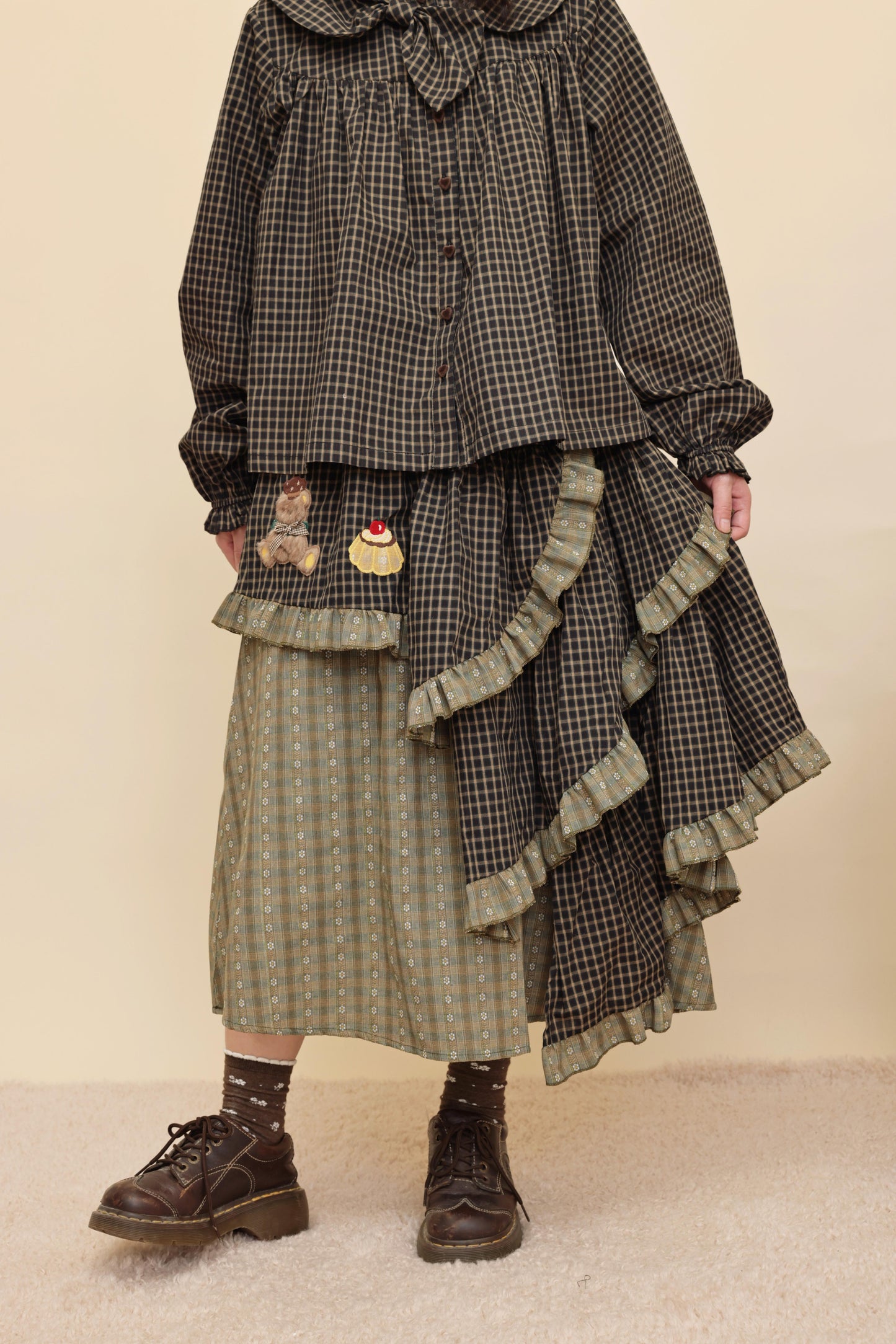 SemenCoicis - Kawaii Vintage Dark Green Plaid Cake Skirt skirt SemenCoicis