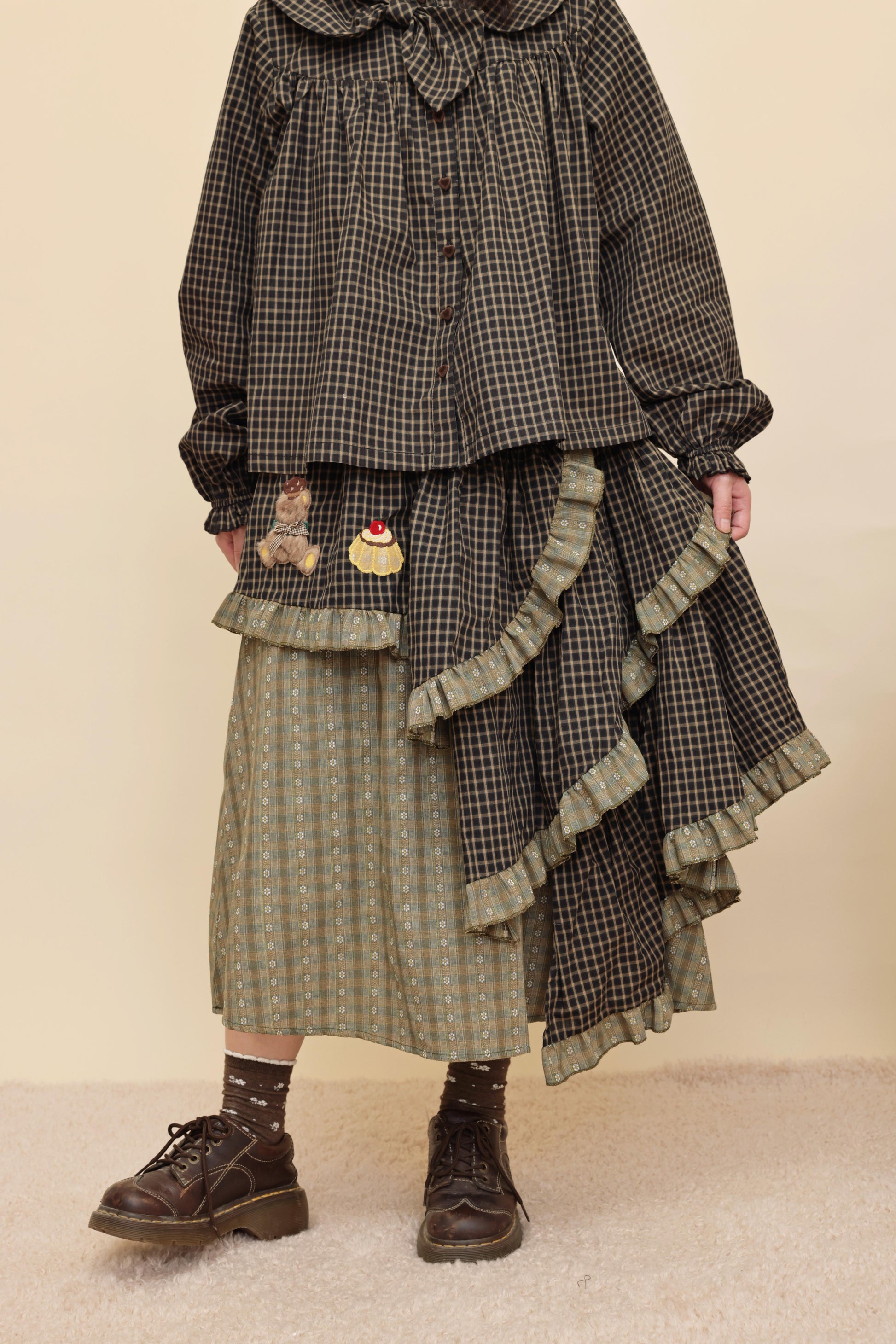 SemenCoicis - Kawaii Vintage Dark Green Plaid Cake Skirt skirt SemenCoicis