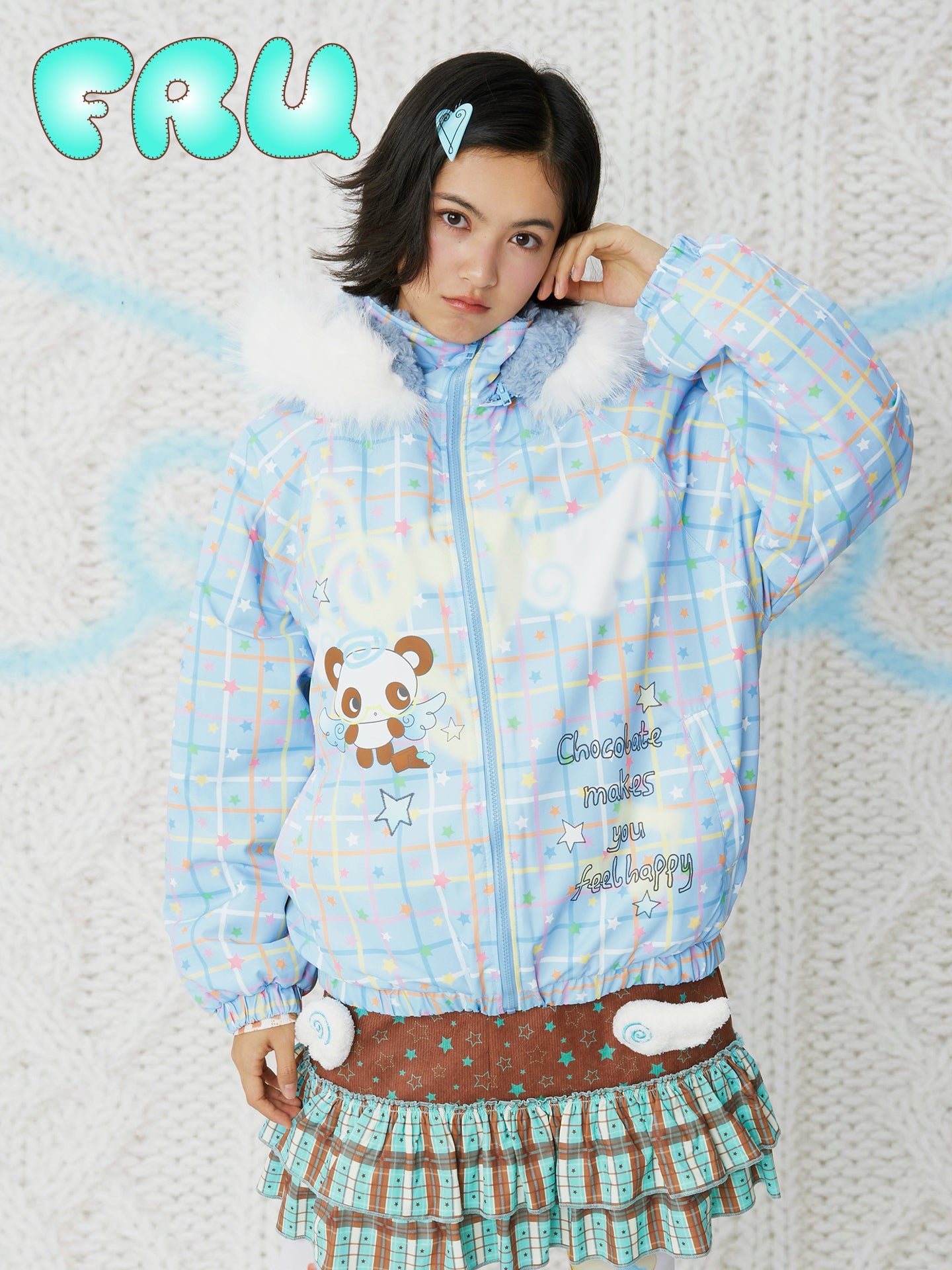 frufru - Kawaii Blue Brown Printed Hooded Jacket Warm Plush-Lined Winter Coat coat frufru