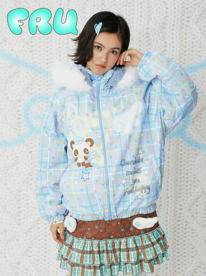 frufru - Kawaii Blue Brown Printed Hooded Jacket Warm Plush-Lined Winter Coat coat frufru