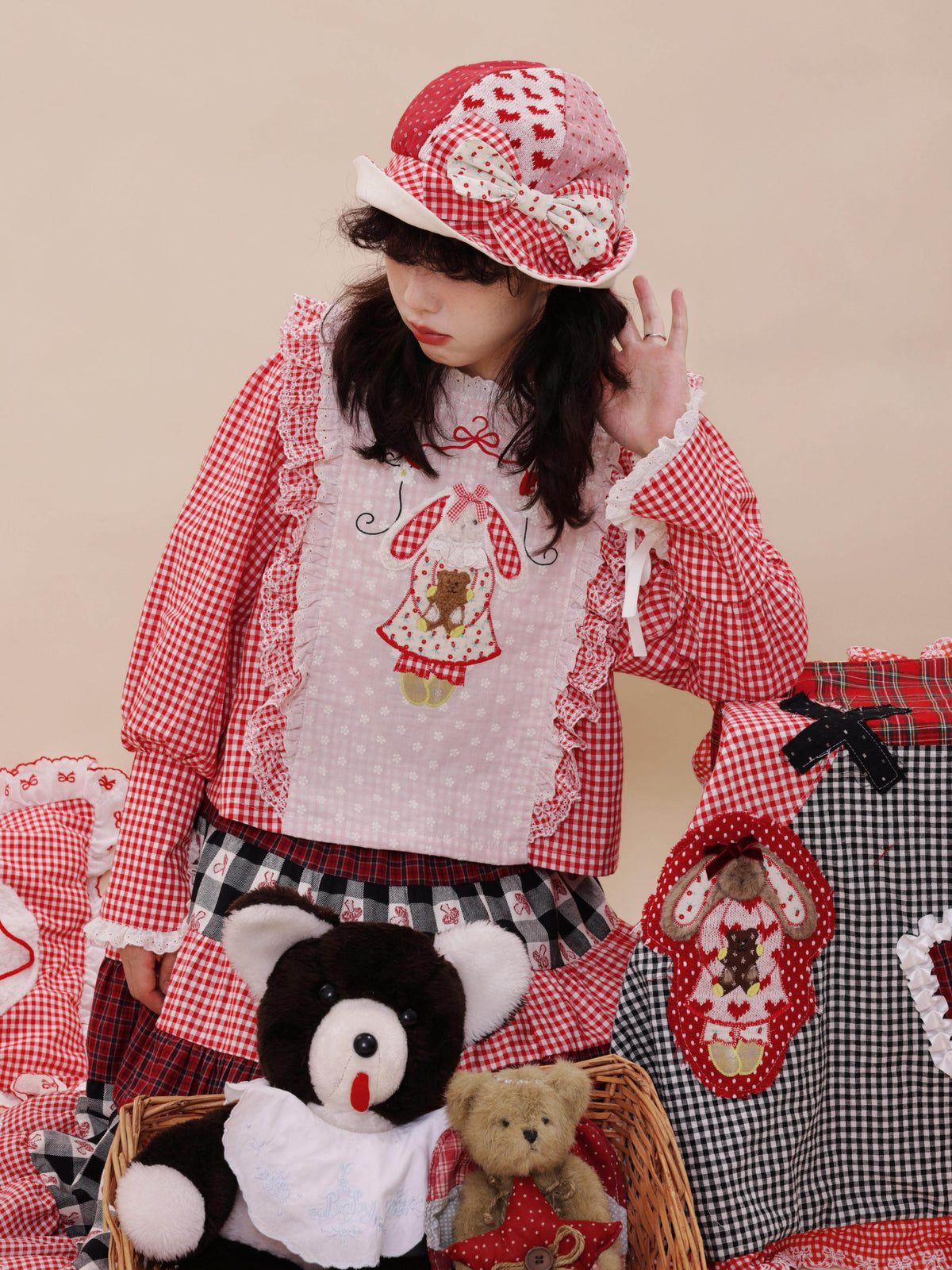 SemenCoicis - Vintage Plaid Floral Patchwork Bow Bucket Hat hat SemenCoicis