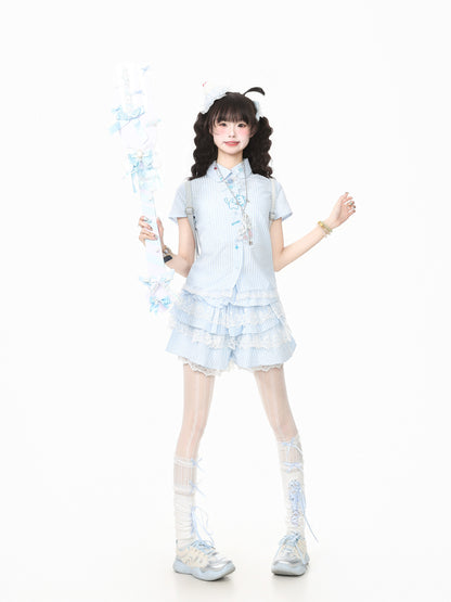 Languid Park - Lace Bow Shirt & Mini Skirt Set set Languid Park