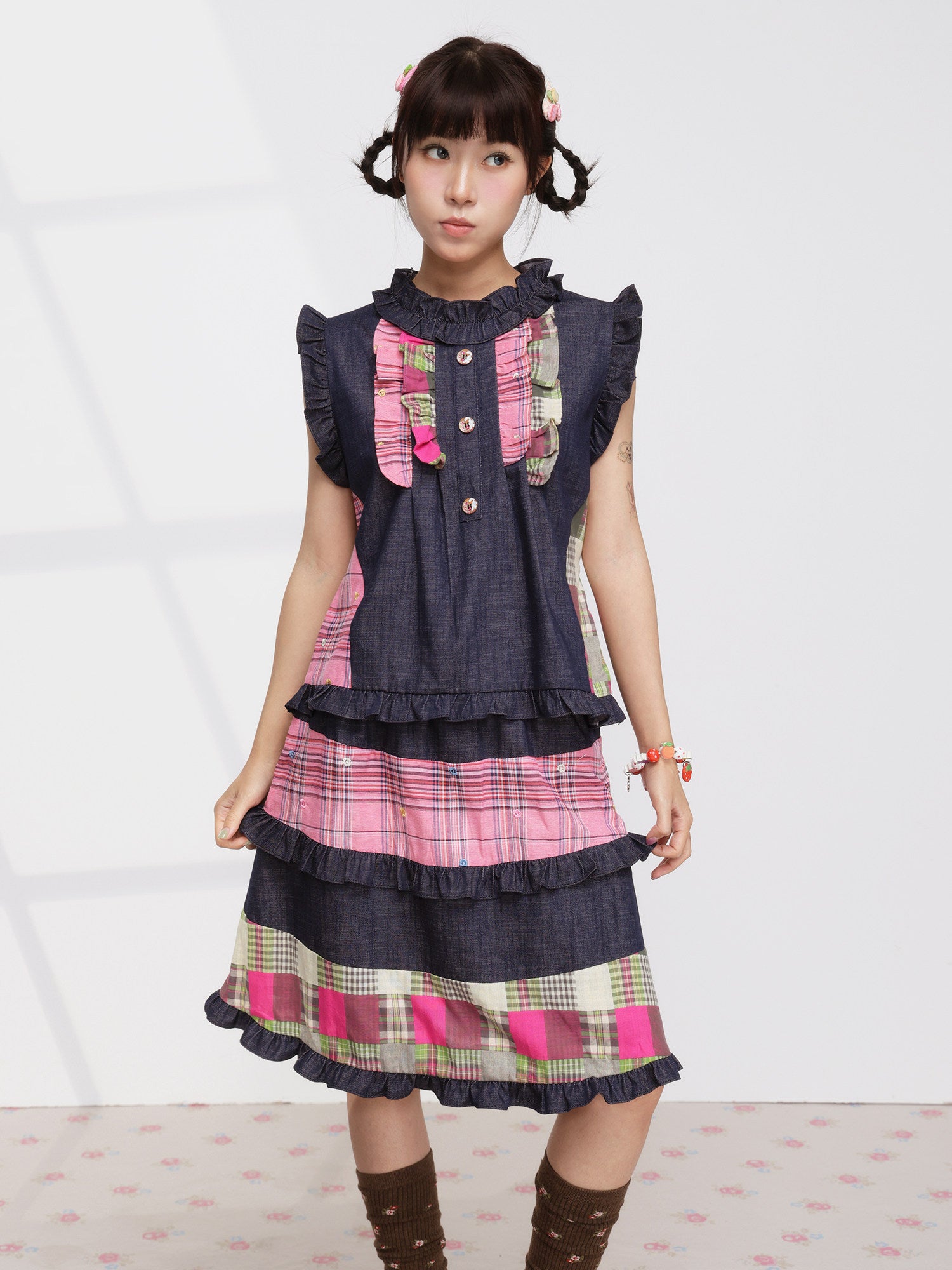 FRUITS - Pink Plaid Denim Vest Set set Fruits