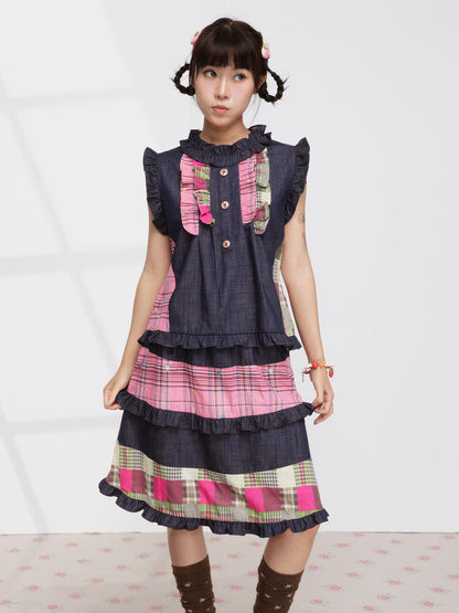 FRUITS - Pink Plaid Denim Vest Set set Fruits
