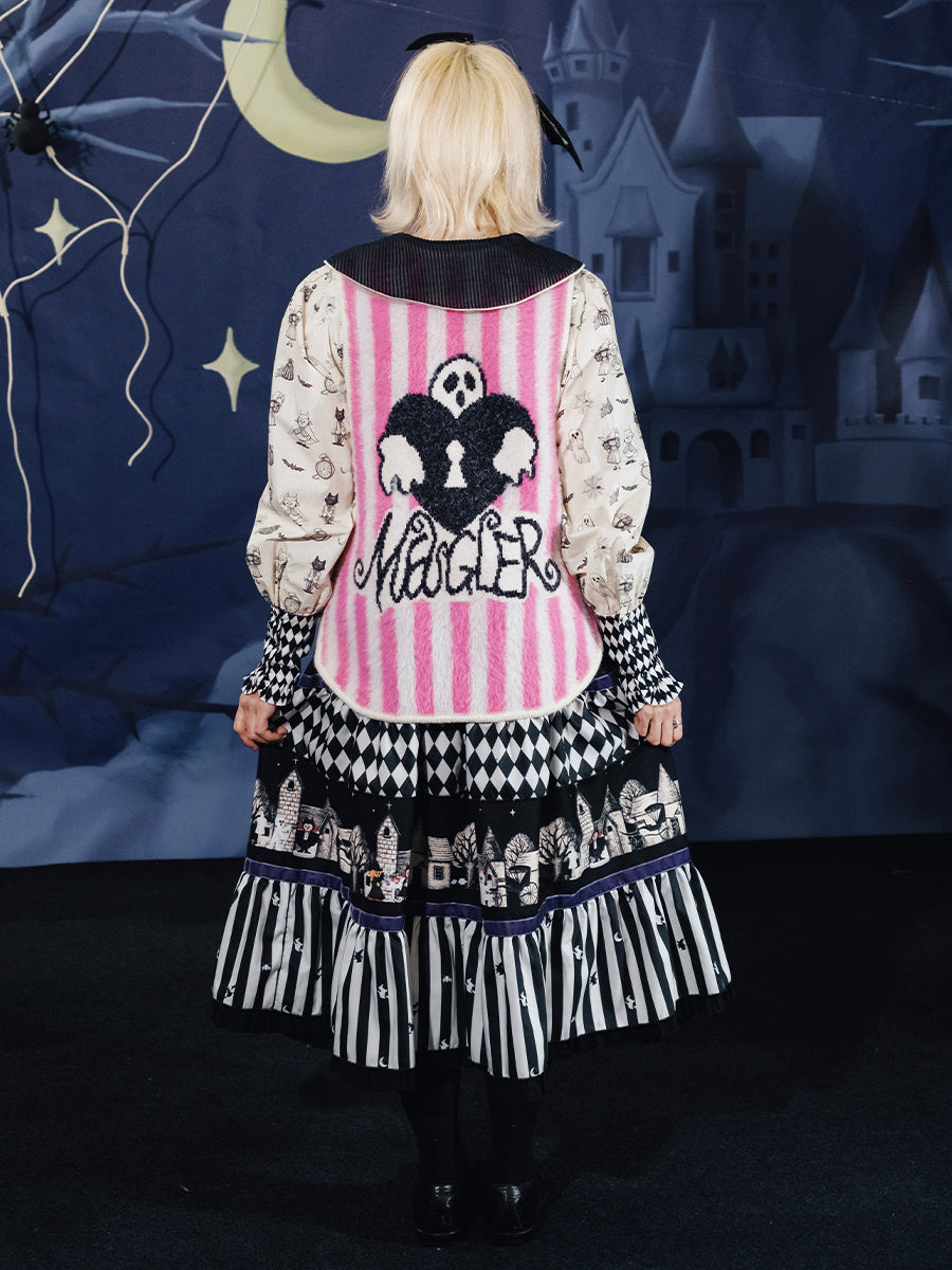 Harajuku Vest Poker Pattern Vest Pink-White Stripes Knitted Vest Dracula Ghost Pattern Vest vest Meugler