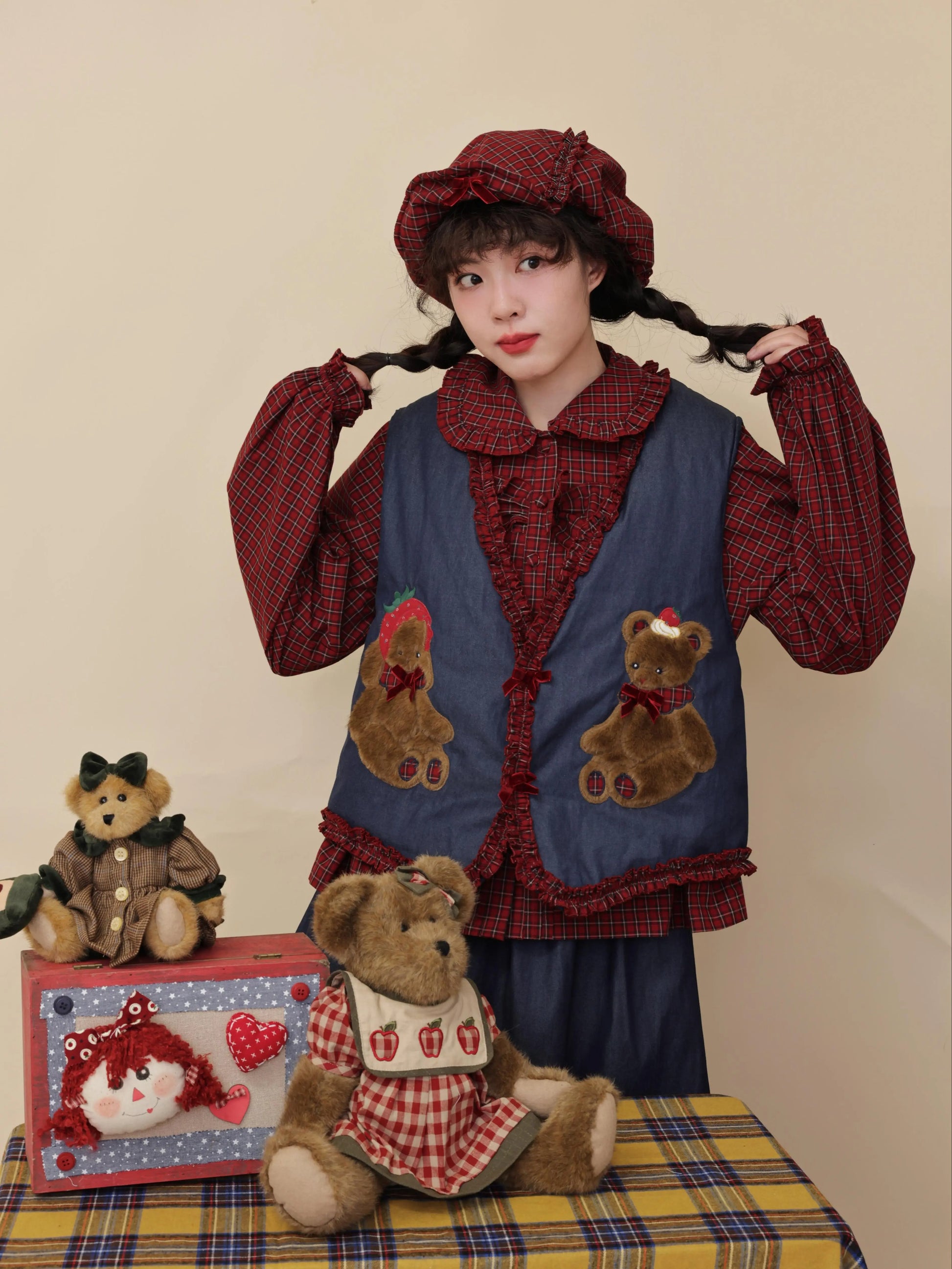 SemenCoicis - Kawaii Beret Plaid Lace Bow Cap hat SemenCoicis