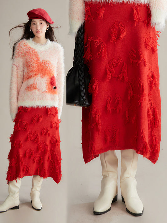 uare - Girly Kei Red Knit Skirt sweater uare