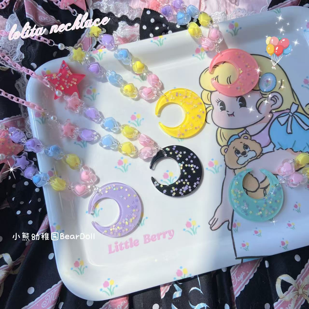 Bear Doll Dopamine Moon Necklace | Kawaii Beaded Sequin Necklace necklace Bear Doll