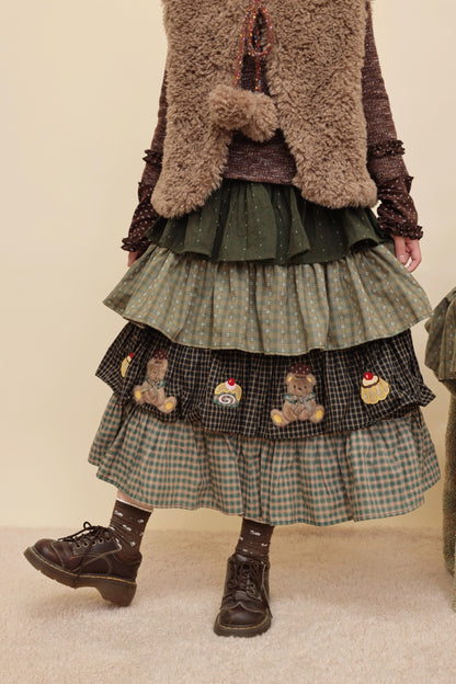 SemenCoicis - Kawaii Dark Green Embroidered Ruffle Cake Skirt skirt SemenCoicis