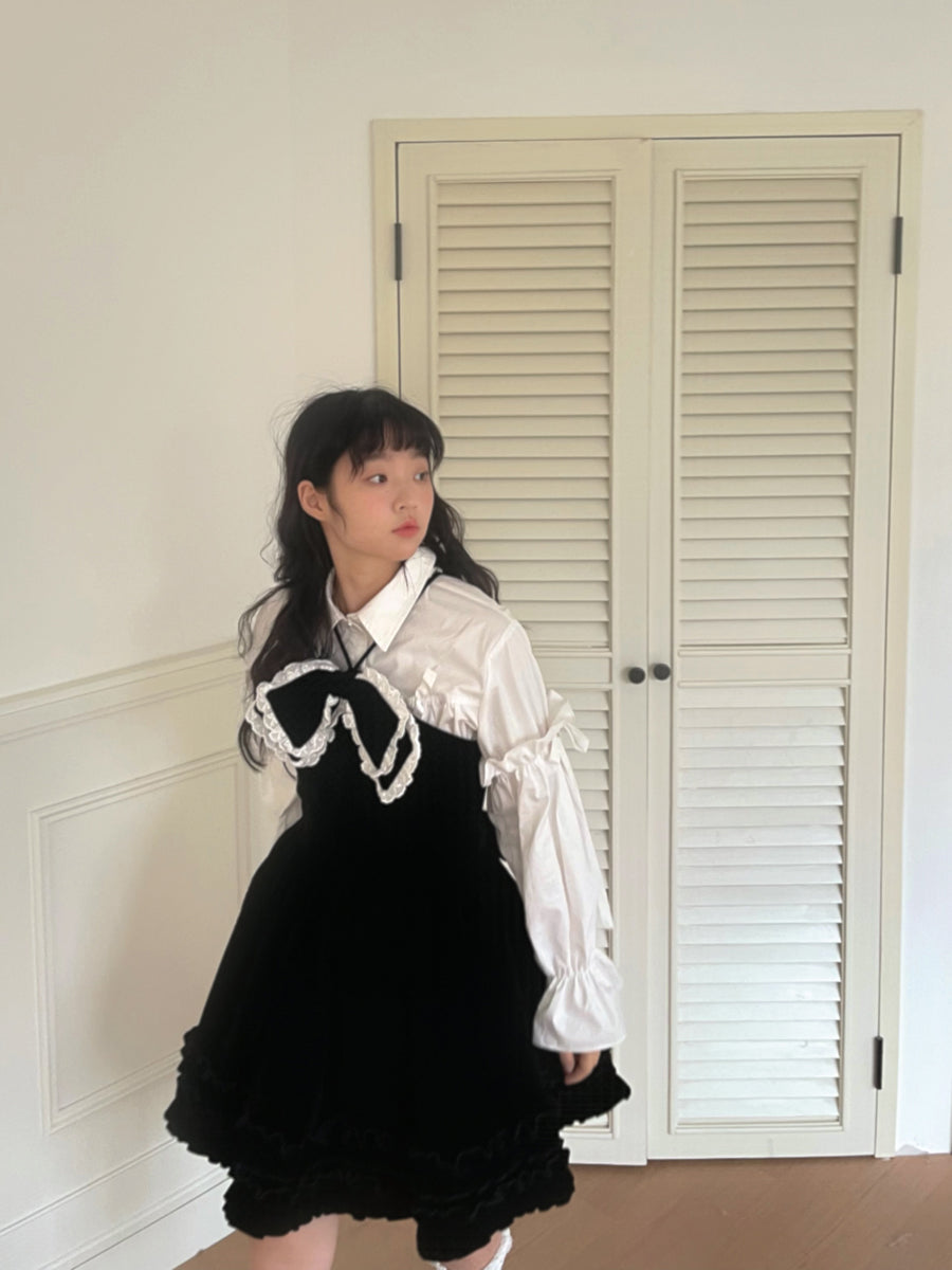 daytoday everyday institute - Girly Fashion Velvet Bow Black Flare Dress dress daytoday everyday institute