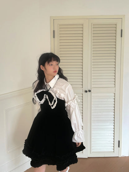 daytoday everyday institute - Girly Fashion Velvet Bow Black Flare Dress dress daytoday everyday institute