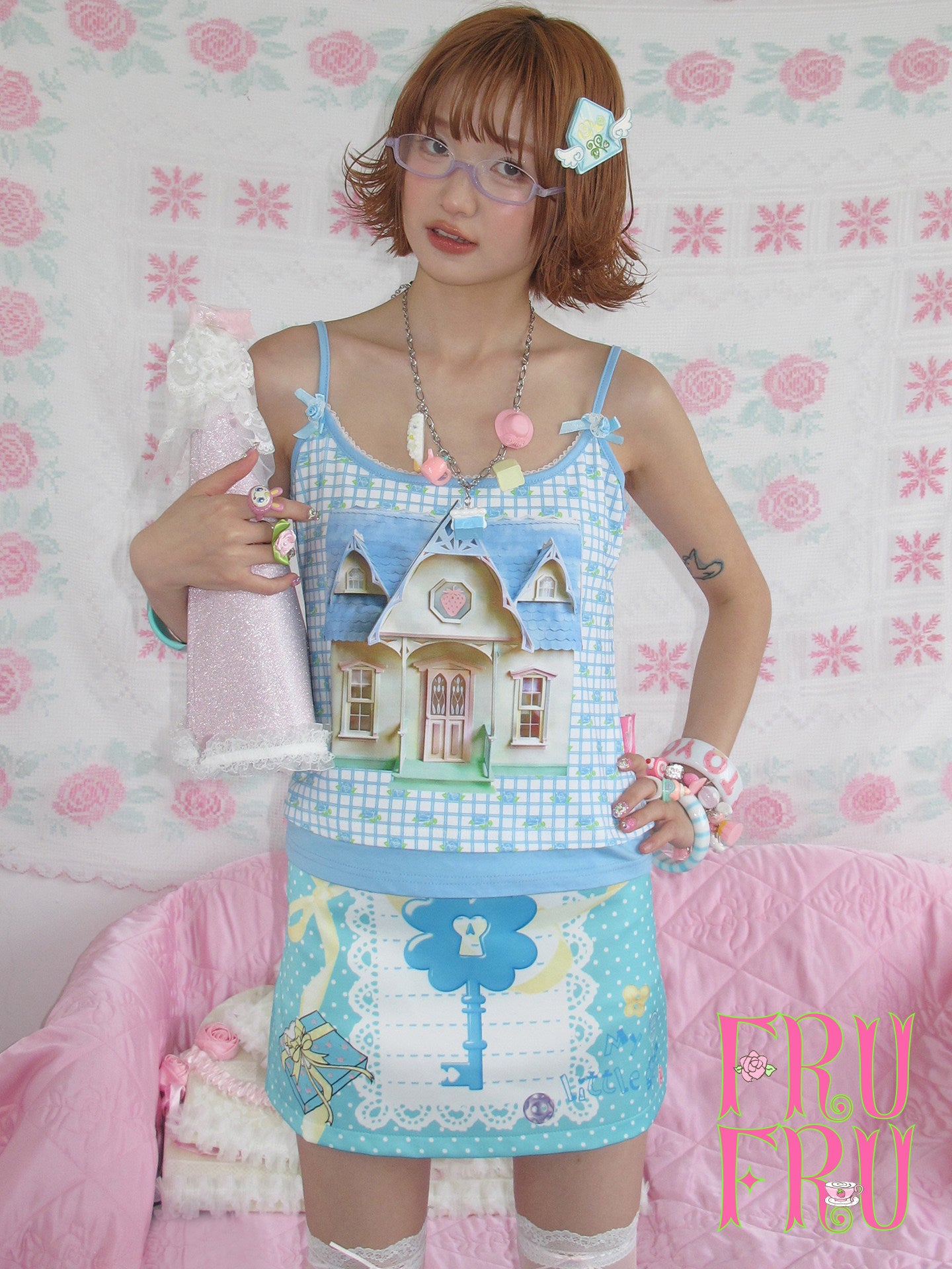 frufru - Mint Green/Pink Rose Print A-Line Skort skirt frufru