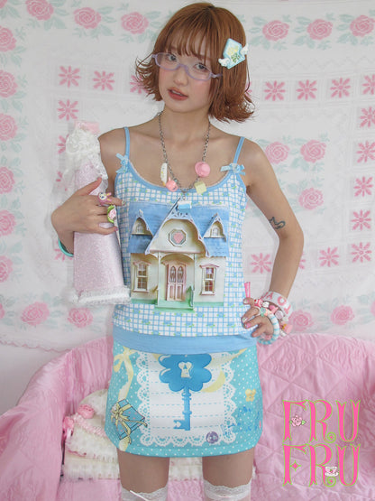 frufru - Mint Green/Pink Rose Print A-Line Skort skirt frufru