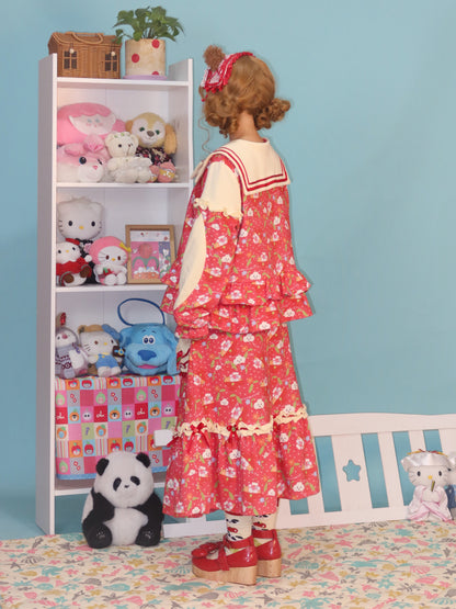 LULULULU - Kawaii Dessert Time Red Apple Print Blouse & Skirt Set set LULULULU