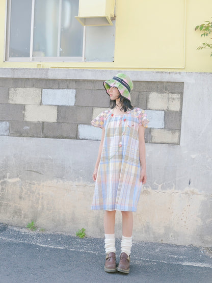 KaiXin Hostel Summer Patchwork Plaid Floral Embroidery Fly Sleeve Loose Dress