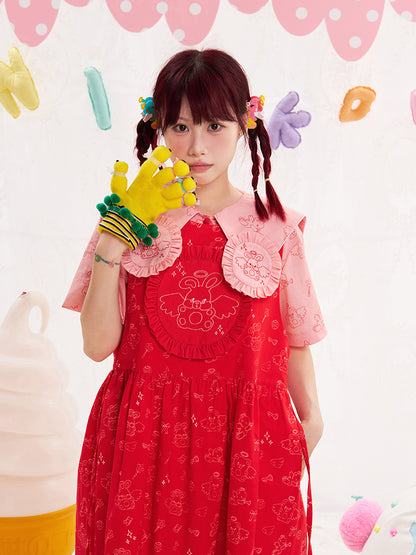 NIKKOU Pink & Red Sleeveless Jumper Dress | Harajuku Embroidered Dress dress Nikkou home