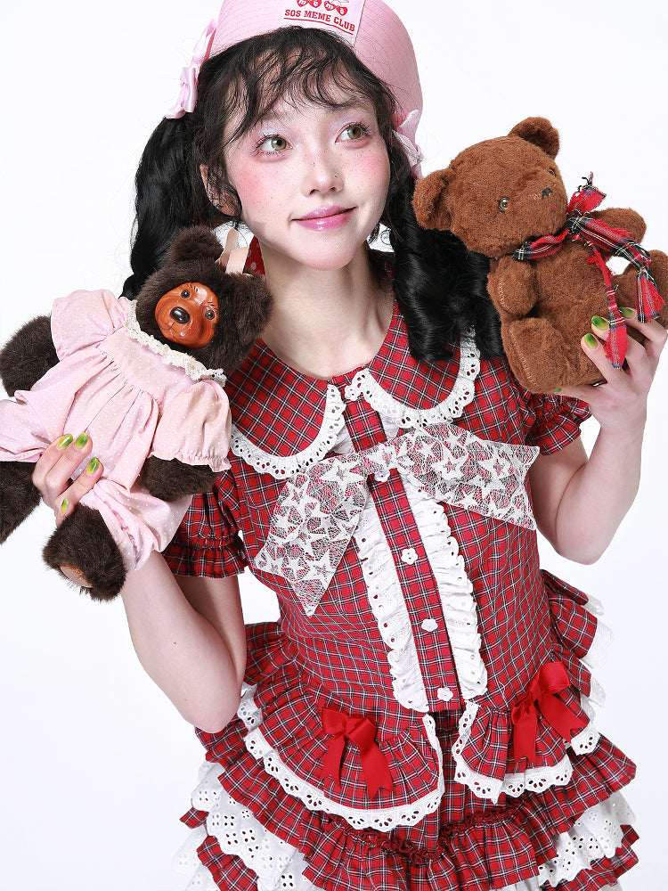 SOS MEME CLUB - Showa Red Plaid Short Sleeve Shirt blouse SOS MEME CLUB