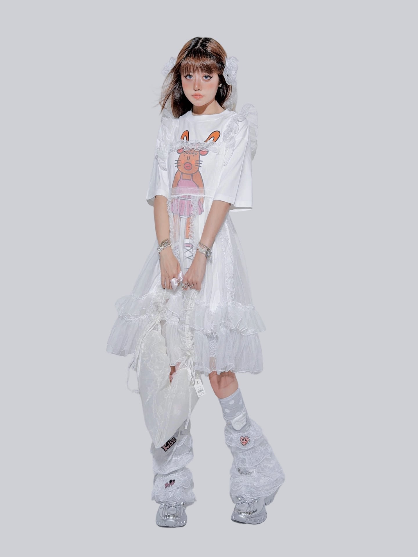 FANLOVEGIRL - Bunny Graphic Layered T-Shirt | Kawaii Harajuku Mesh Overlay Top set FANLOVEGIRL