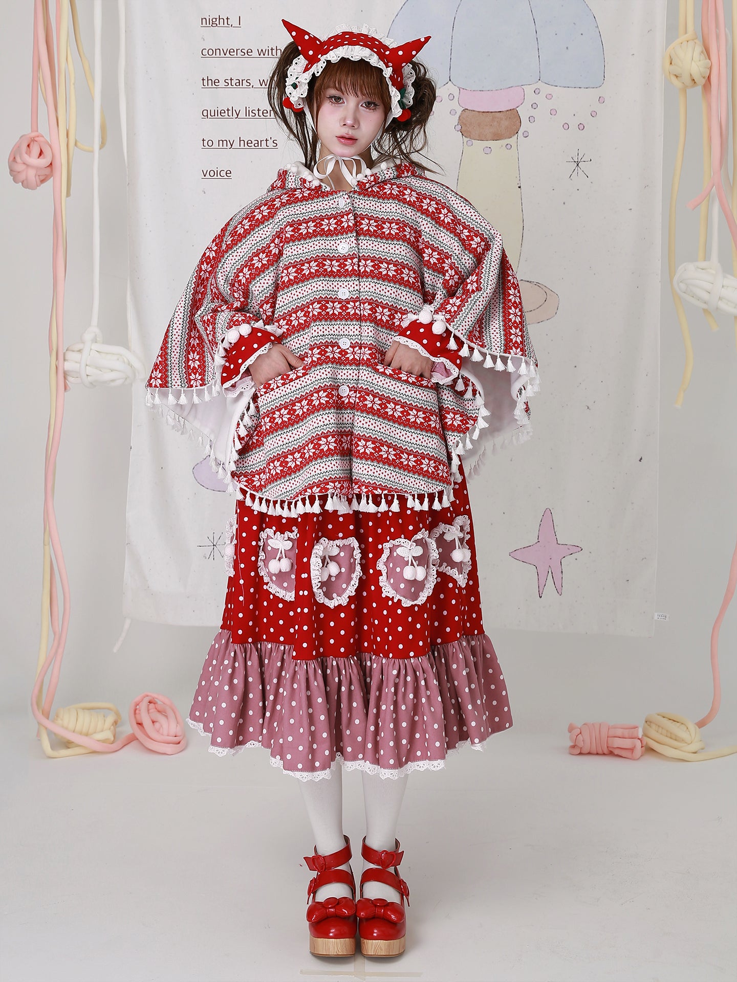 SOS MEME CLUB - Kawaii Red Christmas Cape Vintage Showa Lolita Knit Shawl Coat cape SOS MEME CLUB