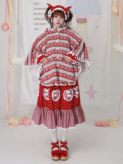 SOS MEME CLUB - Kawaii Red Christmas Cape Vintage Showa Lolita Knit Shawl Coat cape SOS MEME CLUB