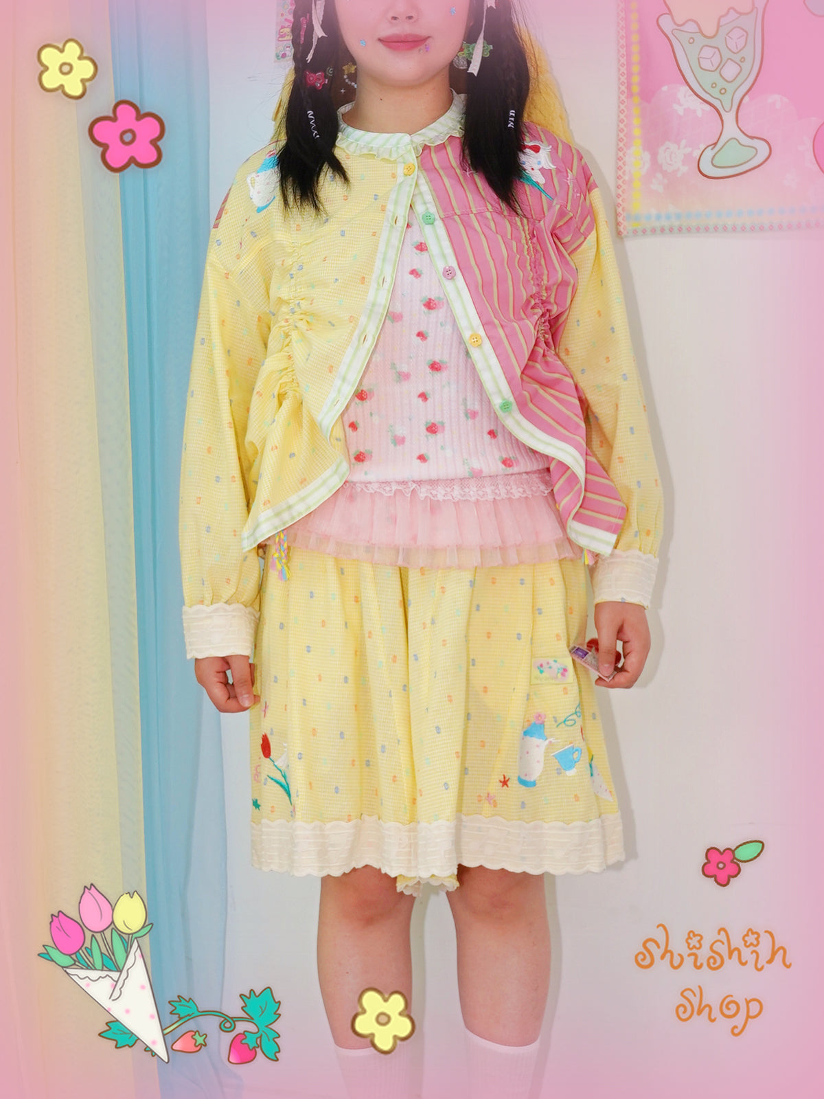 shishihshop Strawberry Frill Vest | Harajuku Layered Look Cotton Ruffle Tank Top vest shishihshop