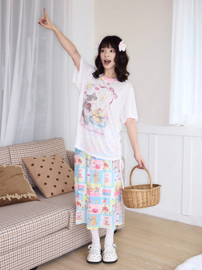 Robootoo - Pastel Cartoon Pleated Midi Skirt skirt Robootoo