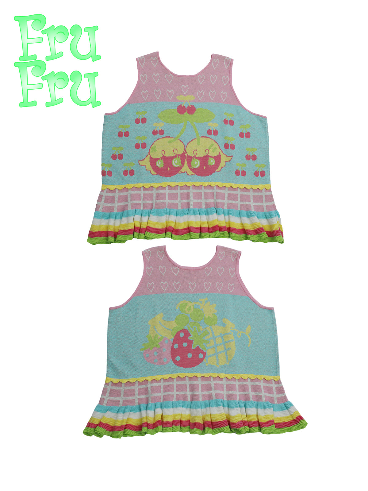frufru Harajuku Fruit Knit Vest | Reversible Pink & Green Cotton Top