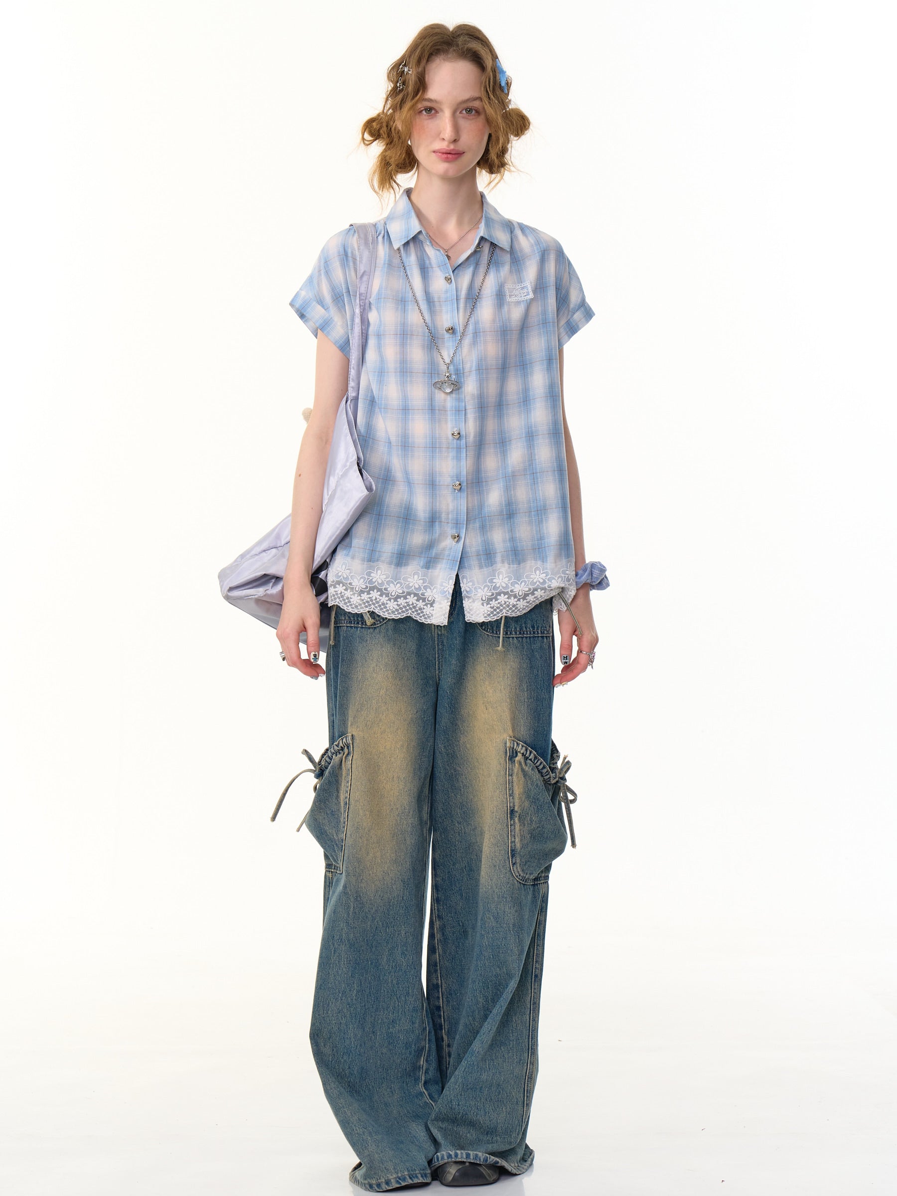 ziziFei - Girly Blue Plaid Lace Short Sleeve Shirt shirt ziziFei