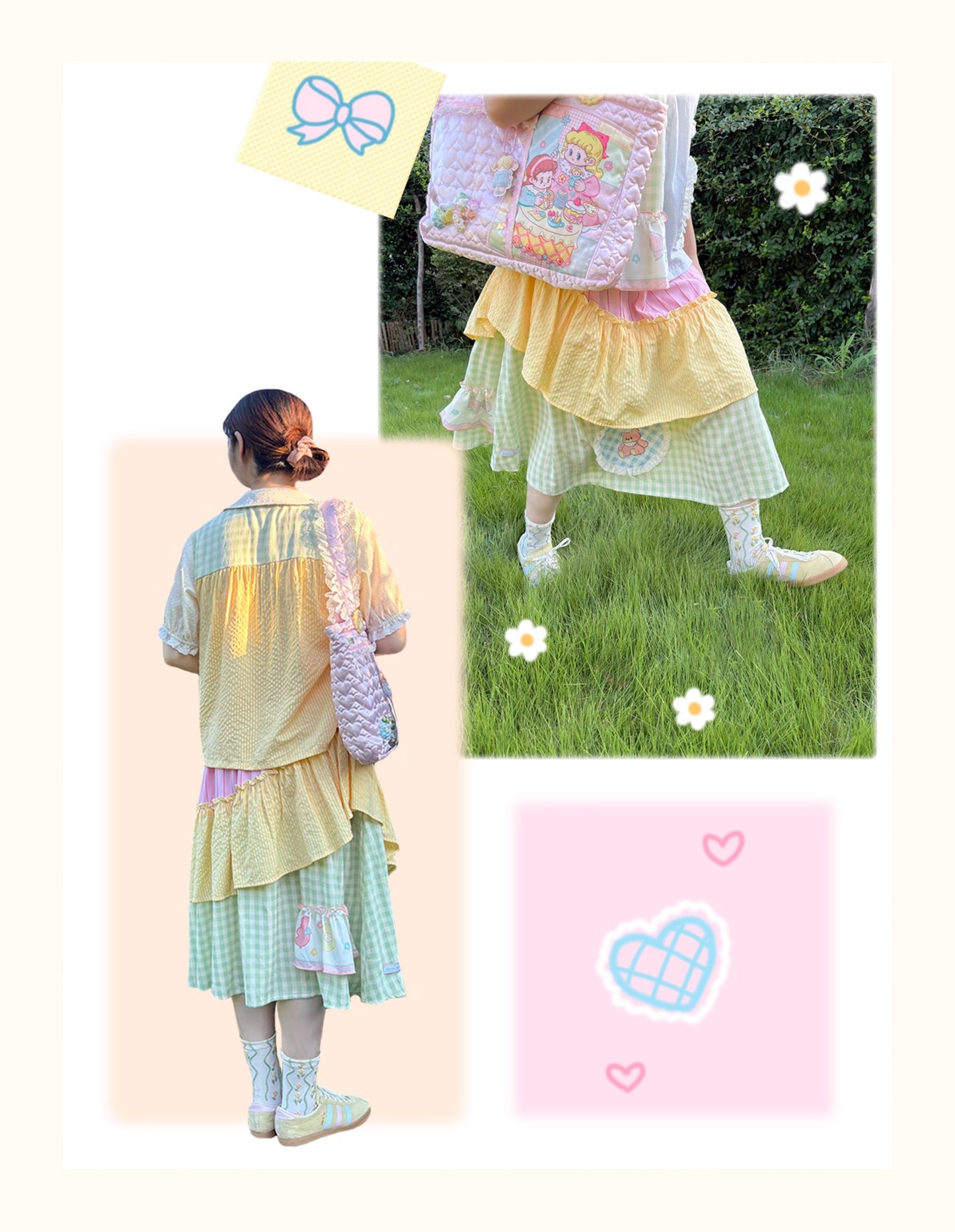 Little Berry - Kawaii Patchwork Heart Bear Skirt skirt Little Berry