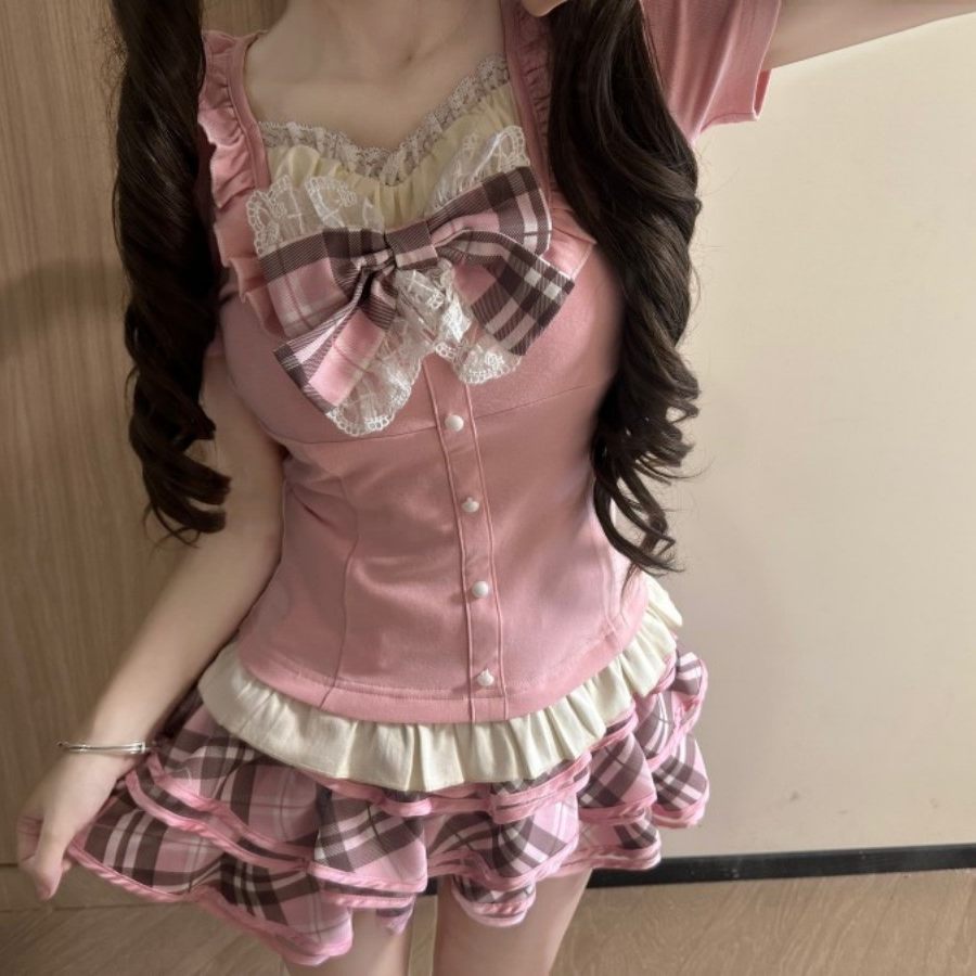 Blurred Bear - Lace Top Plaid Skirt Set set Blurred Bear