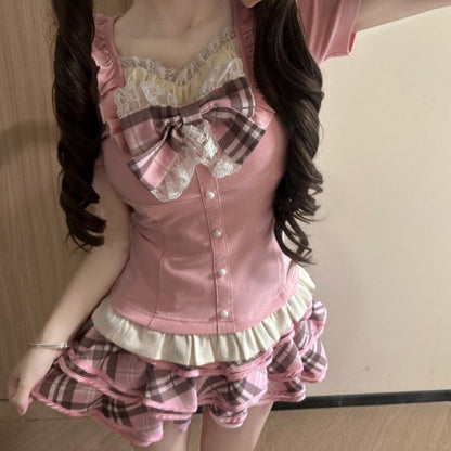 Blurred Bear - Lace Top Plaid Skirt Set set Blurred Bear