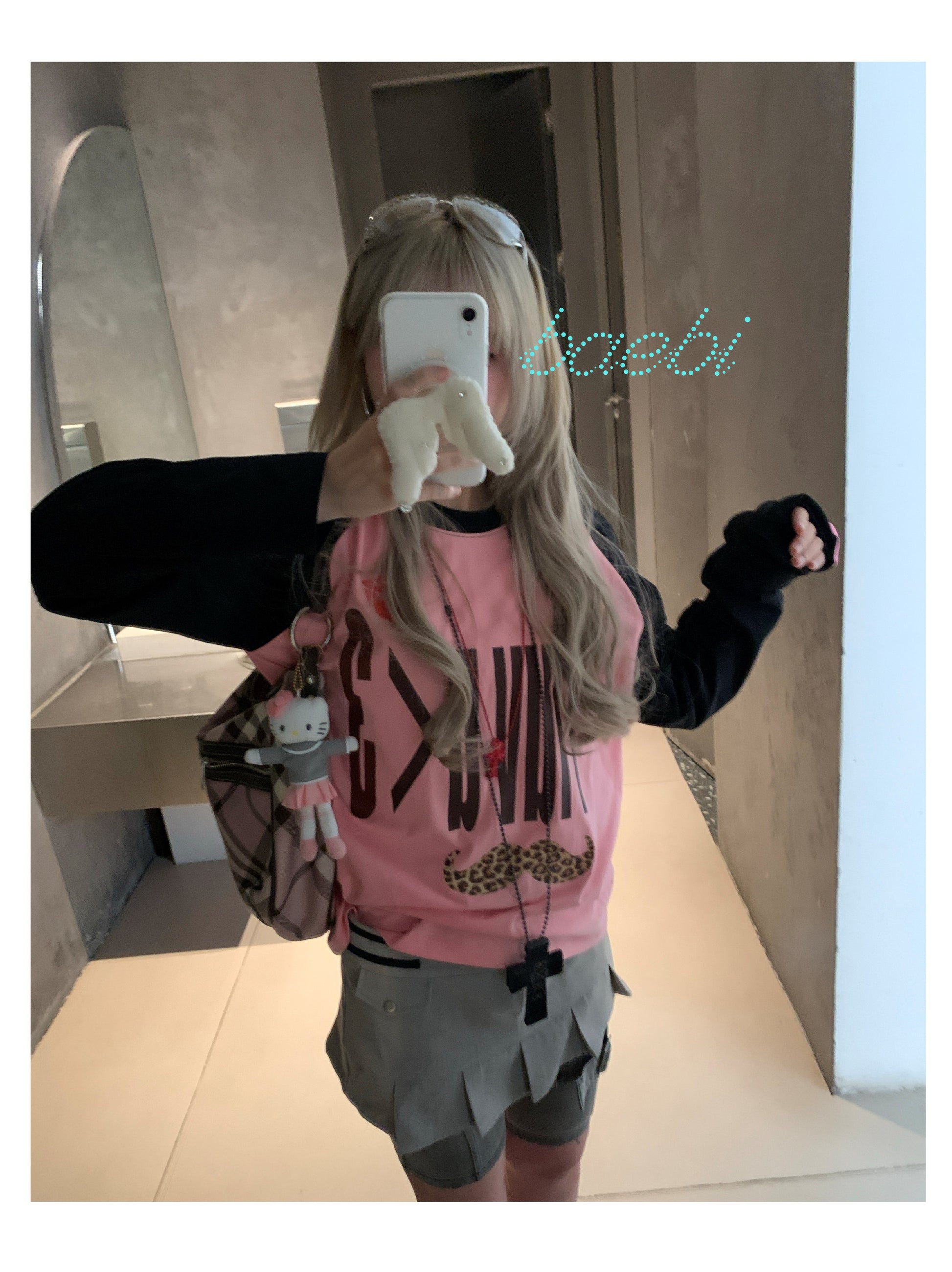 bae bi - Y2K Leopard Letter Raglan Long Sleeve T-Shirt tshirt Bae Bi
