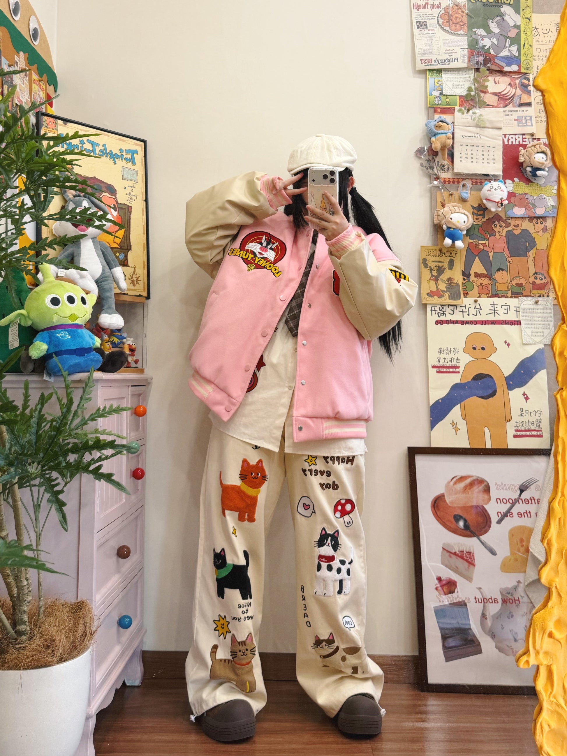 BIBULU - Kidcore Retro Embroidered Pink Baseball Jacket jacket BIBULU