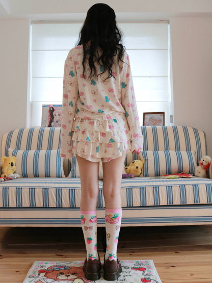 KaiXin Hostel - Cat Rose Print Cardigan Set set KaiXin hostel