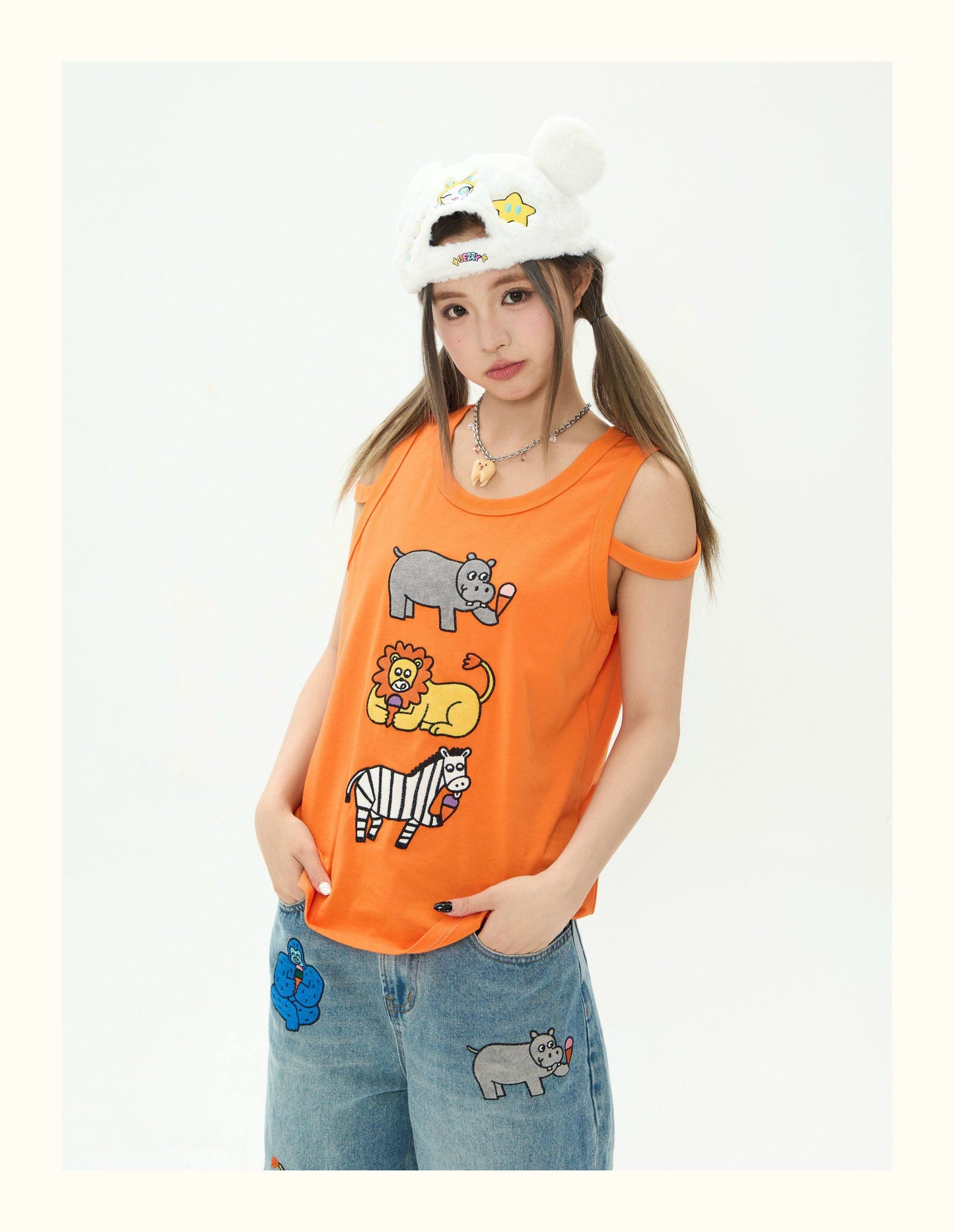 Robootoo - Orange Cartoon Embroidered Sleeveless Top tee Robootoo