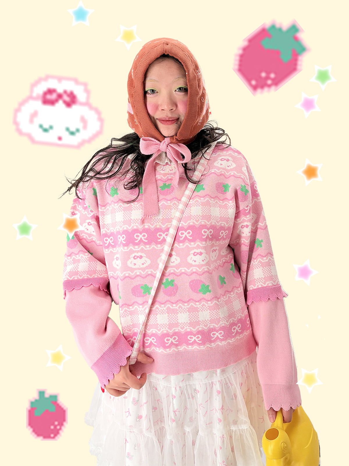 shishihshop Strawberry Puppy Sweater | Decora Bow Sweater | Kawaii Loose Pullover sweater shishihshop