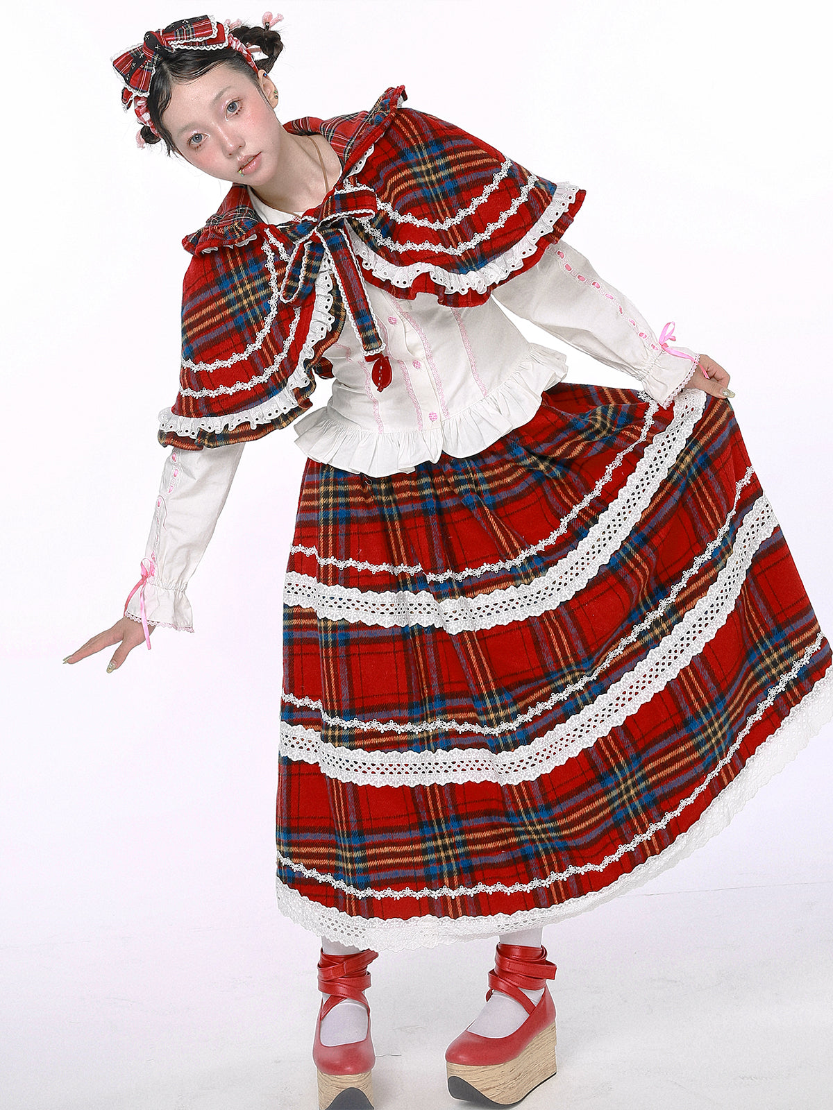 SOS MEME CLUB - Showa Retro Christmas Red Plaid Skirt skirt SOS MEME CLUB