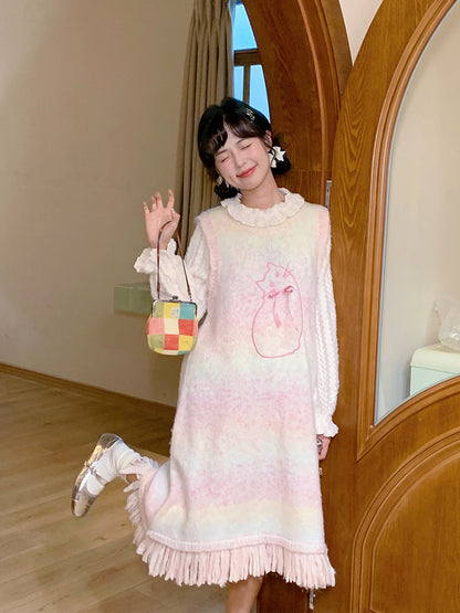 Mameya - Kawaii Pink Cat Knit Sweater Dress Sleeveless Loose Long dress Mameya