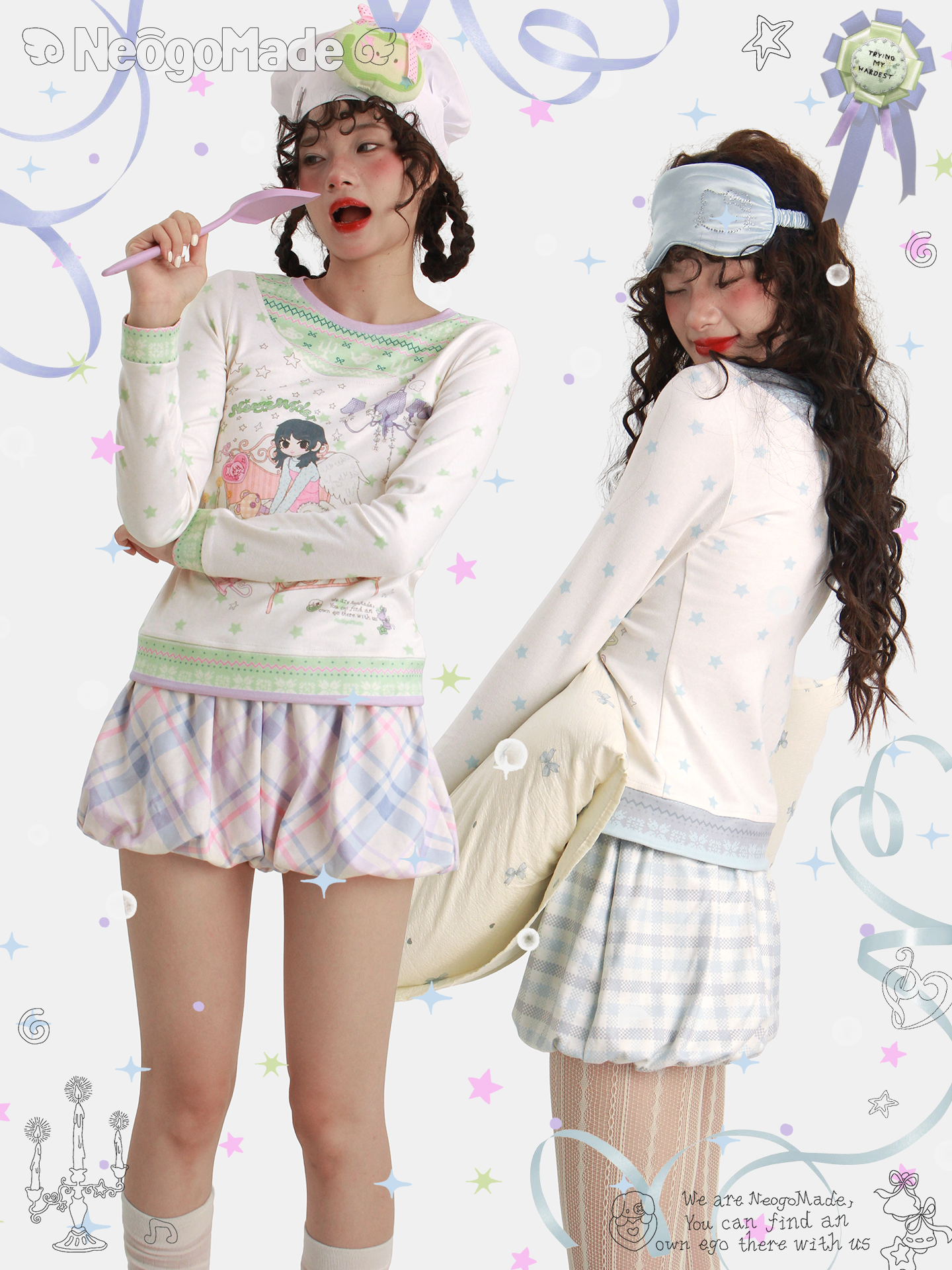 NeogoMade – Kawaii Knit Patchwork Layered Long Sleeve Tee shirt NeogoMade