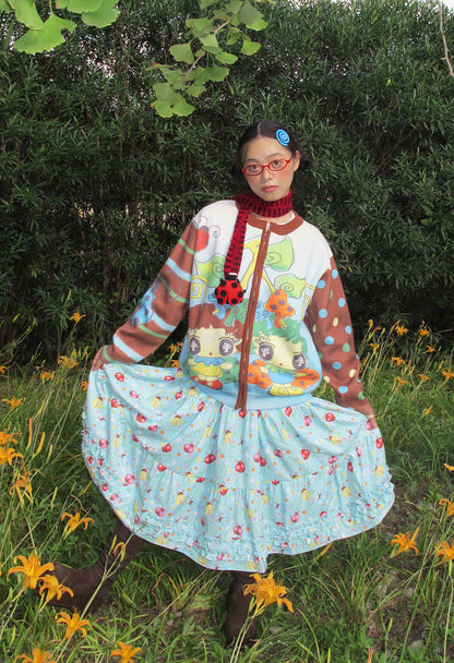 FruFru - Kawaii Knit Cardigan Blue Brown Printed Sweater cardigan frufru