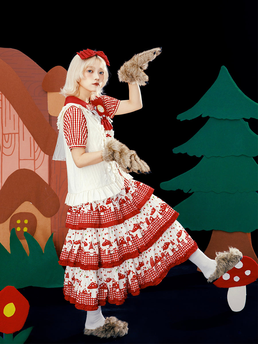 Meugler – Kawaii Mushroom Print Red Plaid Layered Cake Skirt