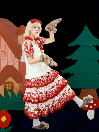 Meugler – Kawaii Mushroom Print Red Plaid Layered Cake Skirt