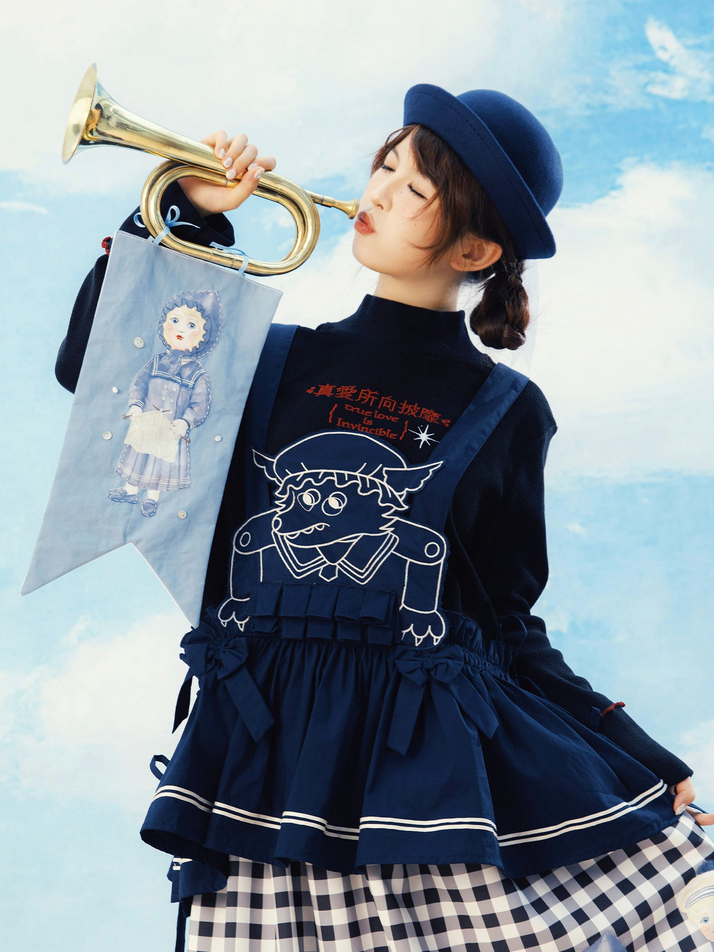 Meugler - Kawaii Apron Dress Navy Sailor Wolf Embroidery Ribbon Dress dress Meugler