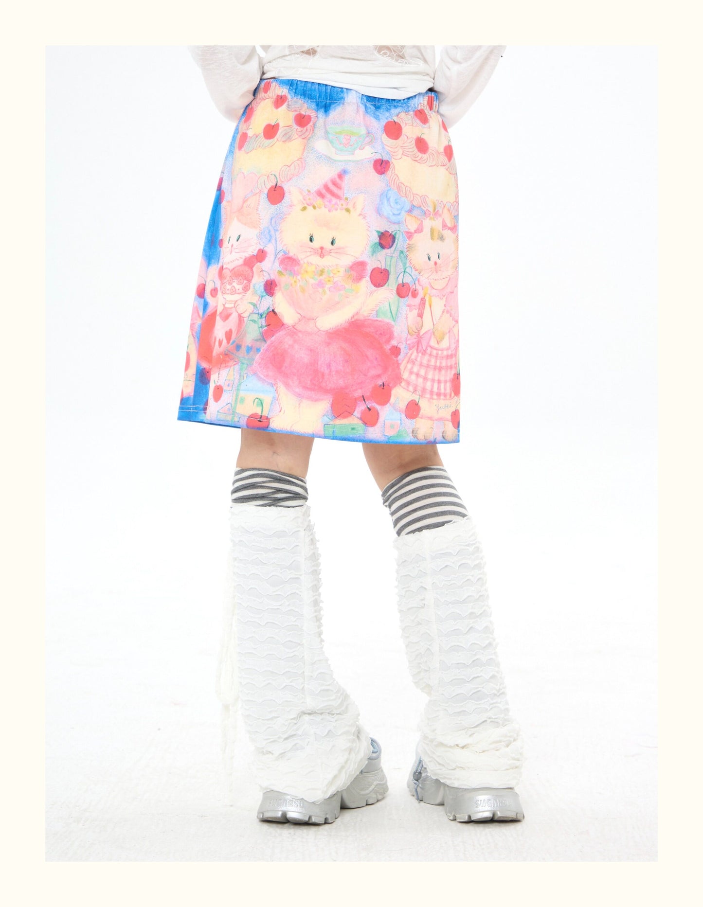 Robootoo - Blue Pink Cat Print Elastic Waist Skirt skirt Robootoo
