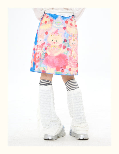 Robootoo - Blue Pink Cat Print Elastic Waist Skirt skirt Robootoo